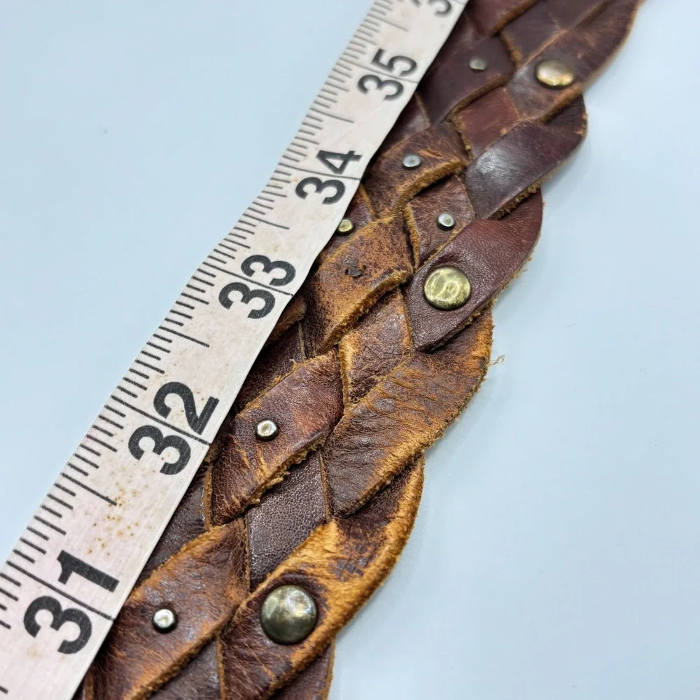 Vintage Wide Braided‎ Brown Leather Studded Belt Round Buckle Mahogany 1.75in OS